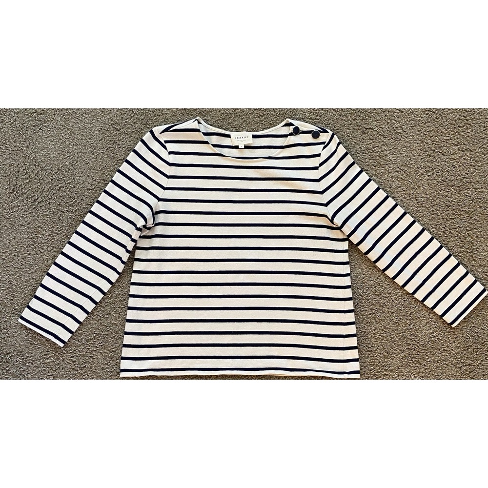 Sezane Striped Navy and Cream Cardigan